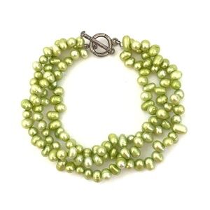 Pearl Bracelet Fresh Water 3 Strand Toggle Closure Dyed Granny Smith Green